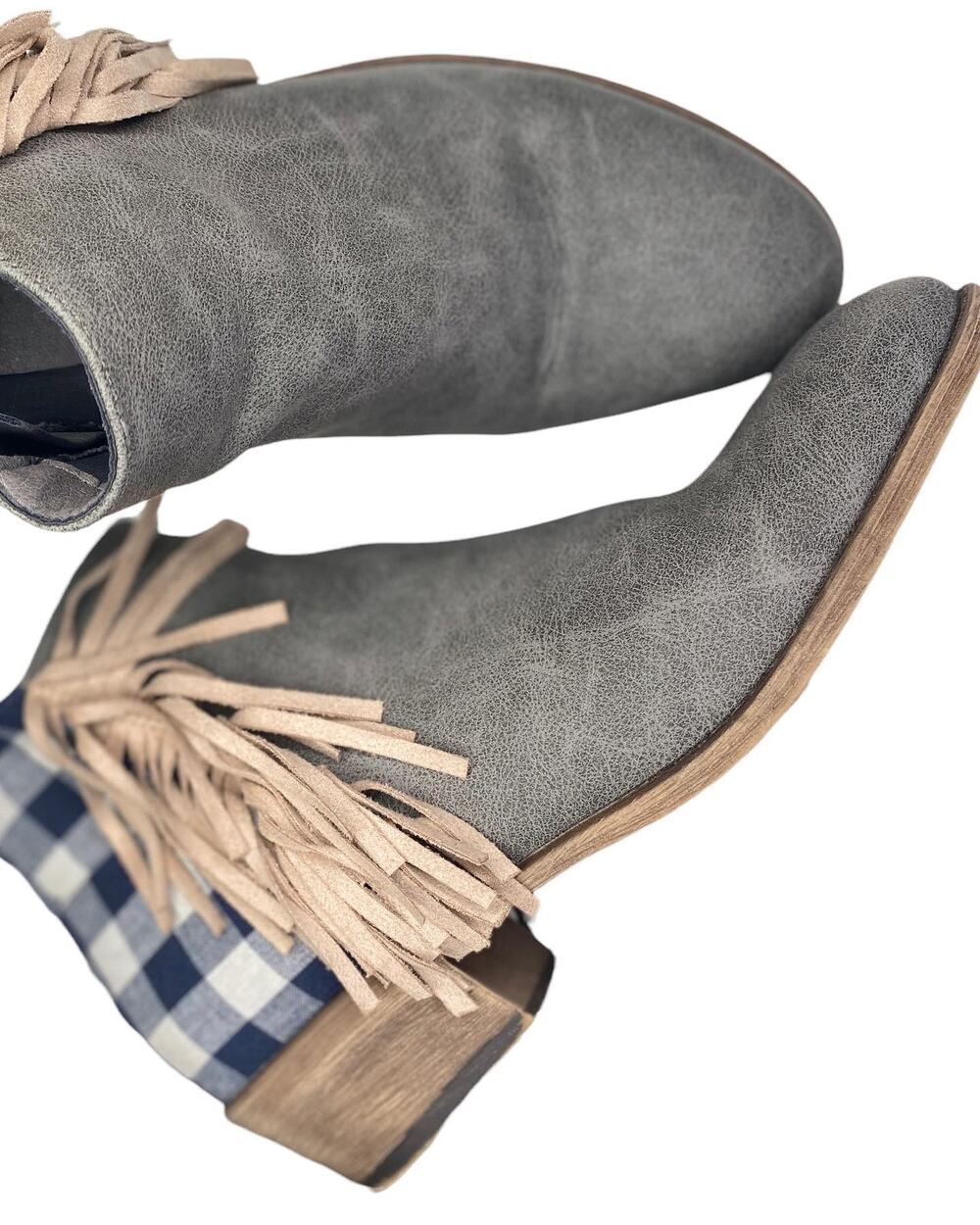 JoliMall Size 12 Gray booties with  blue and white check Cowgirl boots
